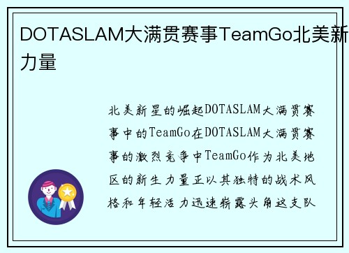 DOTASLAM大满贯赛事TeamGo北美新生力量