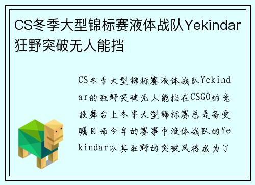 CS冬季大型锦标赛液体战队Yekindar狂野突破无人能挡